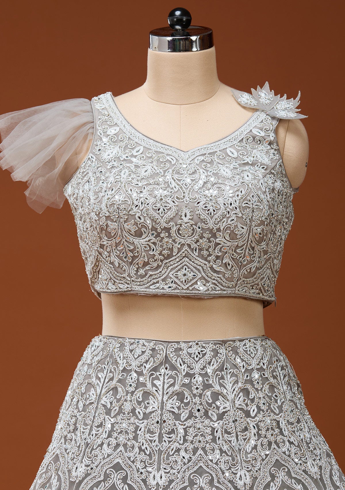 Light Grey Silver Zariwork Net Readymade Lehenga_Koskii