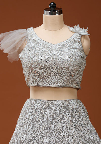 Light Grey Silver Zariwork Net Readymade Lehenga_Koskii
