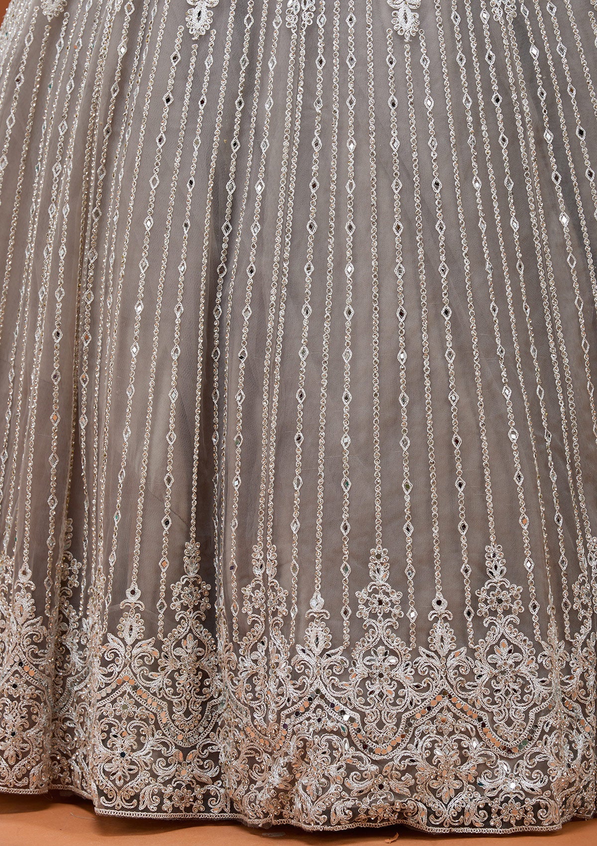 Light Grey Silver Zariwork Net Readymade Lehenga_Koskii