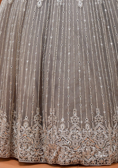 Light Grey Silver Zariwork Net Readymade Lehenga_Koskii