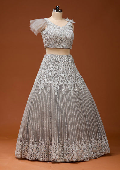 Light Grey Silver Zariwork Net Readymade Lehenga_Koskii