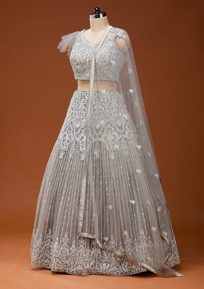 Light Grey Silver Zariwork Net Readymade Lehenga_Koskii