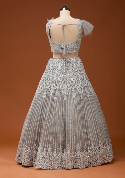 Light Grey Silver Zariwork Net Readymade Lehenga_Koskii