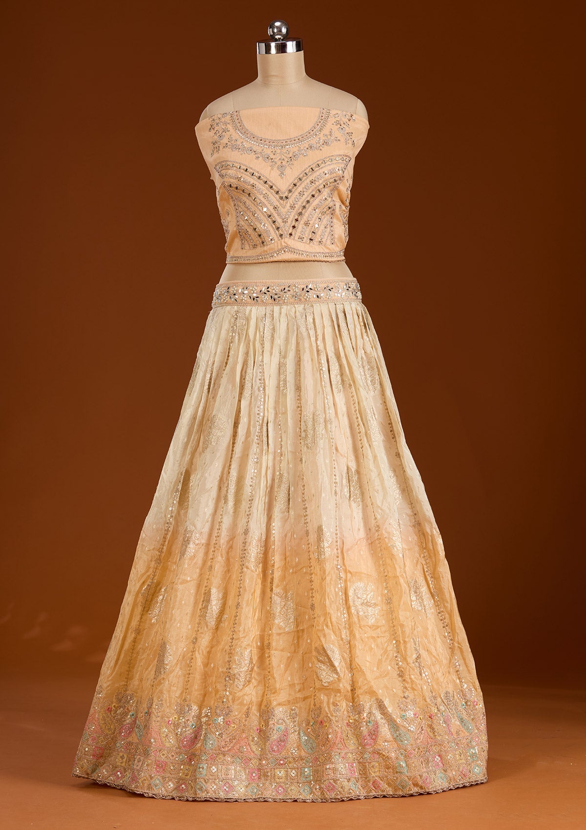 Peach Threadwork Banarasi Readymade Lehenga-koskii
