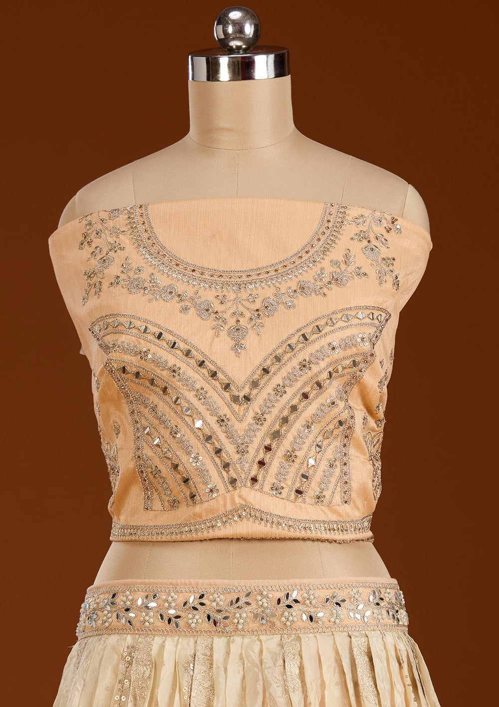 Peach Threadwork Banarasi Readymade Lehenga-koskii