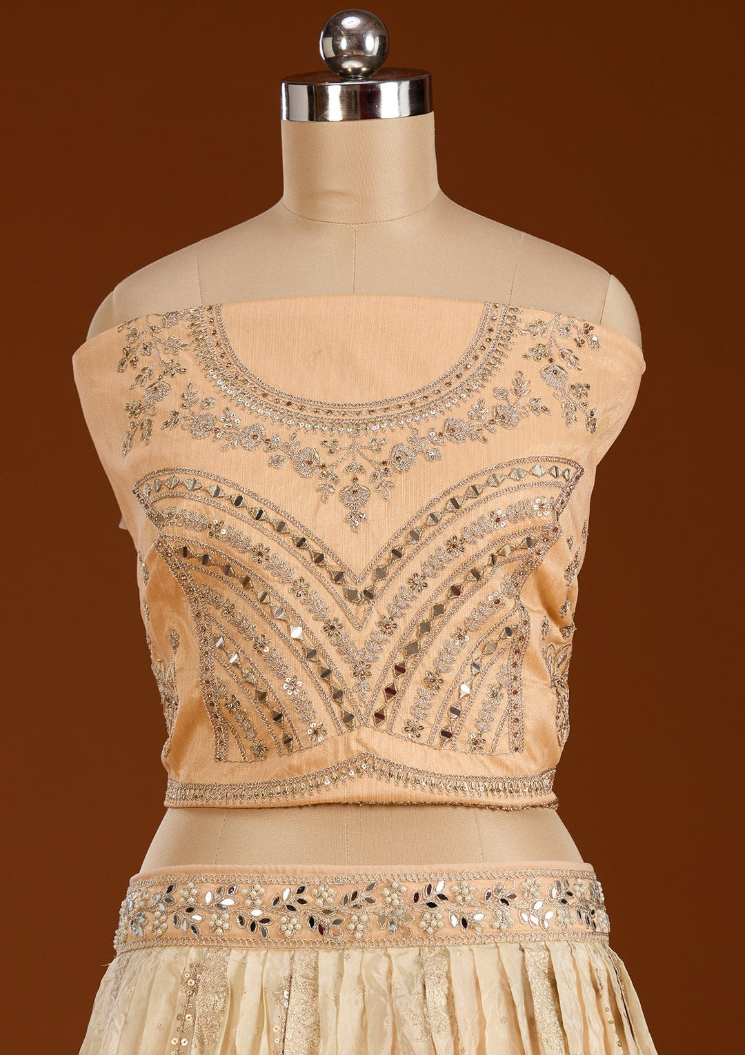 Peach Threadwork Banarasi Readymade Lehenga-koskii