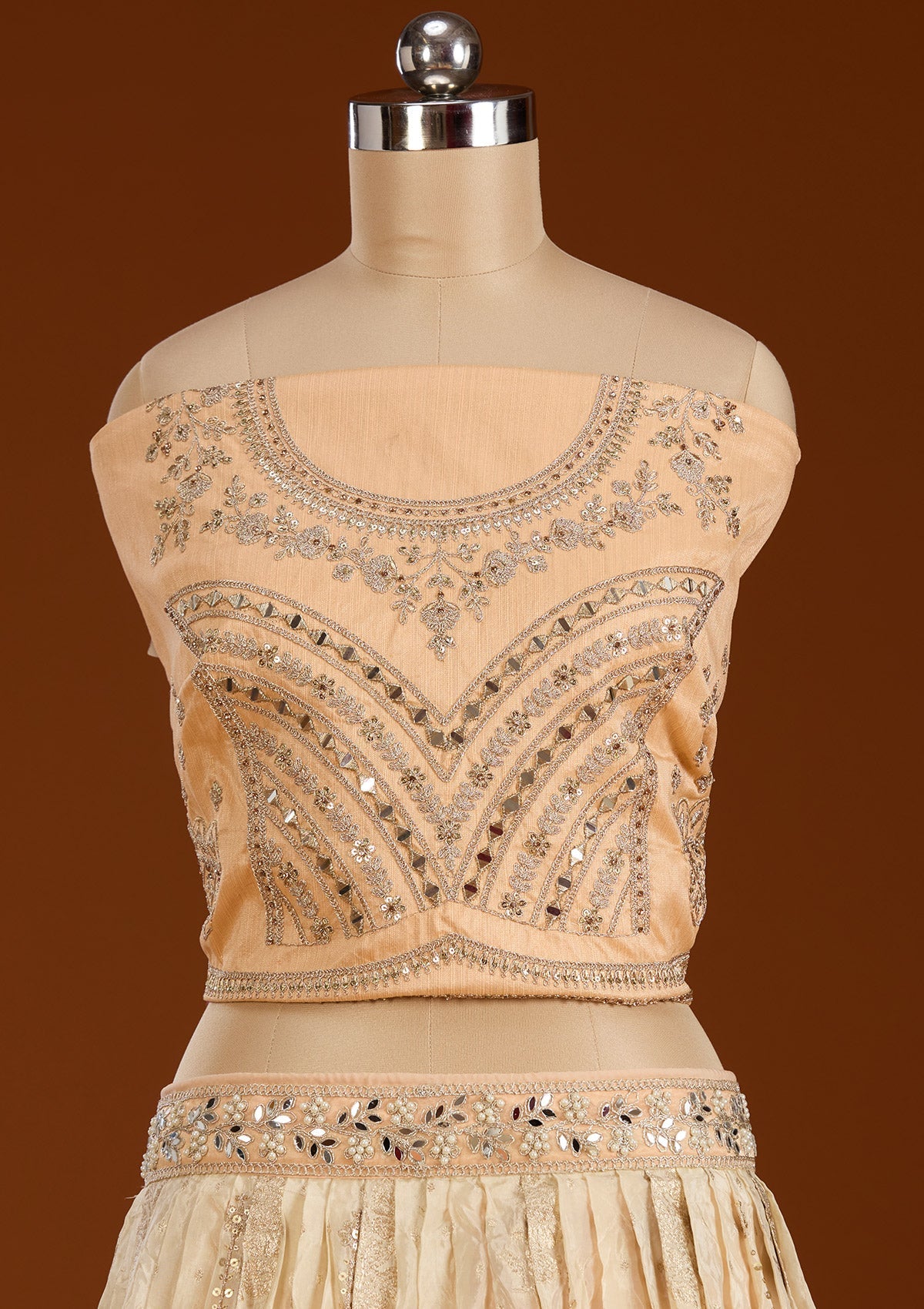 Peach Threadwork Banarasi Readymade Lehenga-koskii