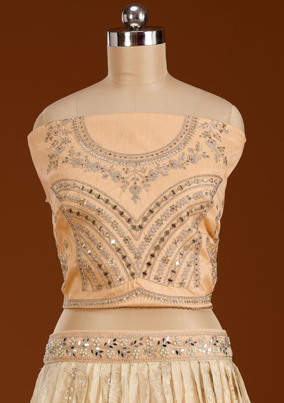 Peach Threadwork Banarasi Readymade Lehenga-koskii