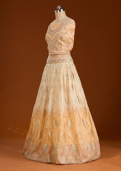 Peach Threadwork Banarasi Readymade Lehenga-koskii