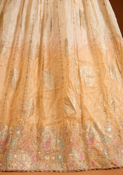 Peach Threadwork Banarasi Readymade Lehenga-koskii