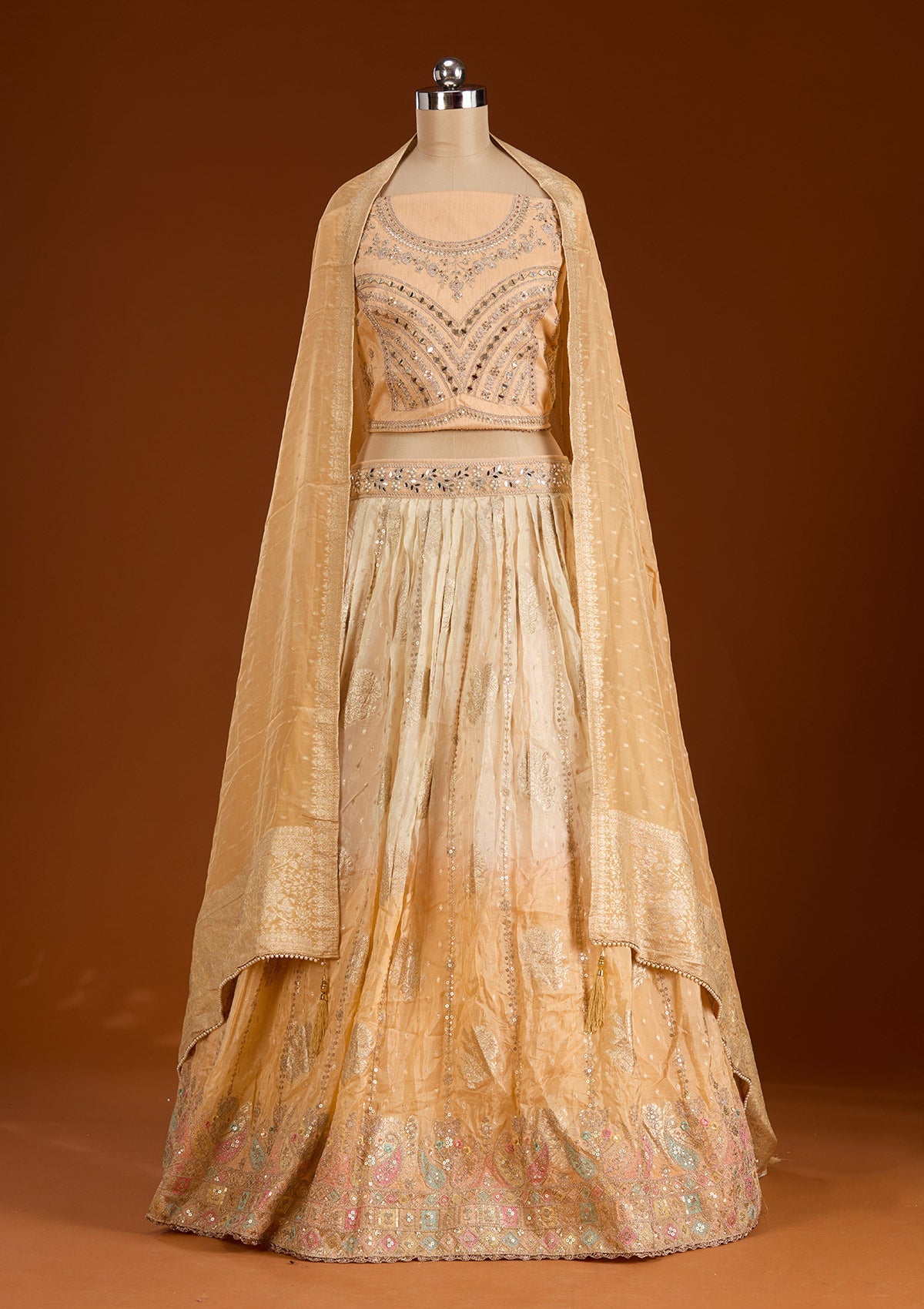 Peach Threadwork Banarasi Readymade Lehenga-koskii