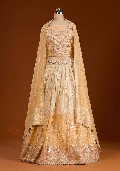 Peach Threadwork Banarasi Readymade Lehenga-koskii
