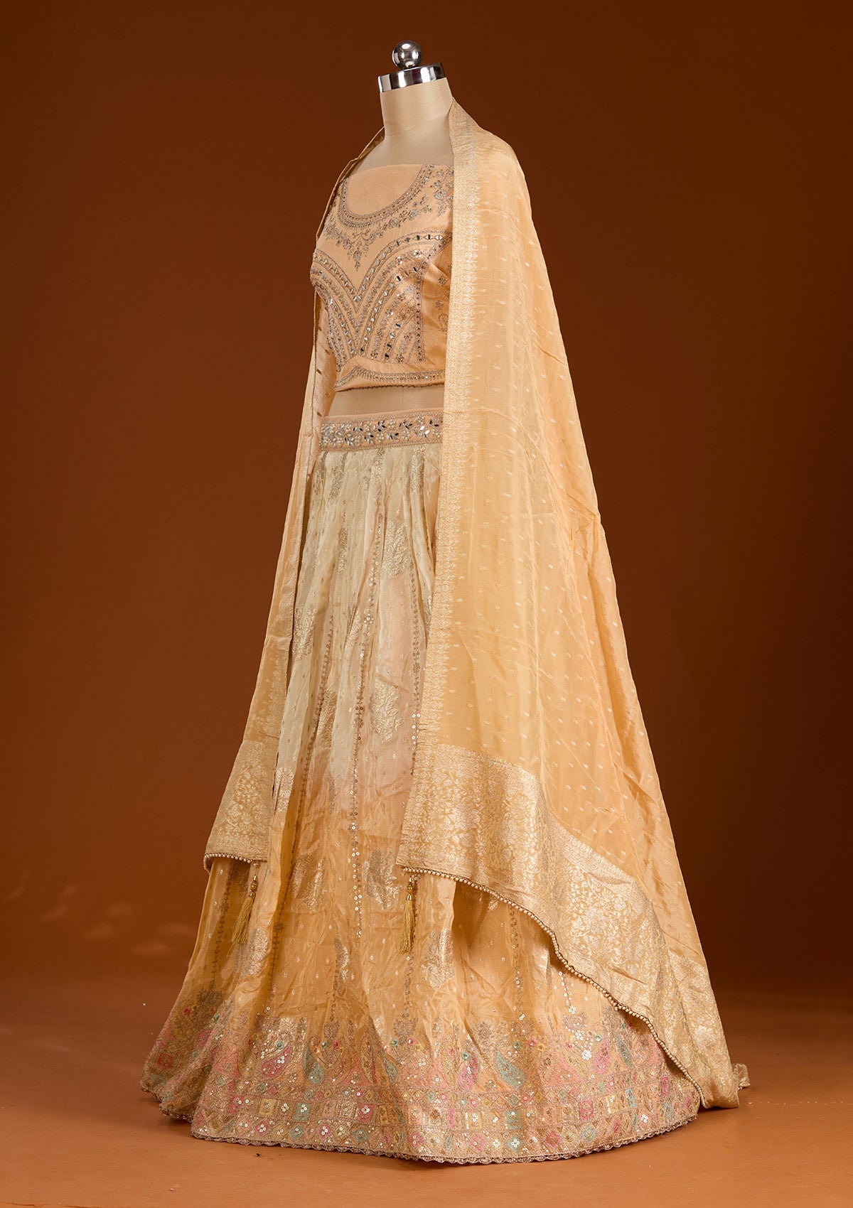 Peach Threadwork Banarasi Readymade Lehenga-koskii