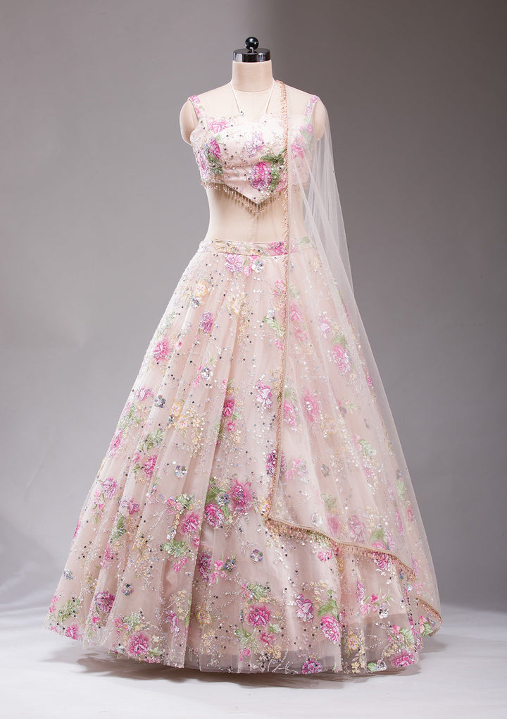 Light Peach Applique Imported Fabric Readymade Lehenga-koskii