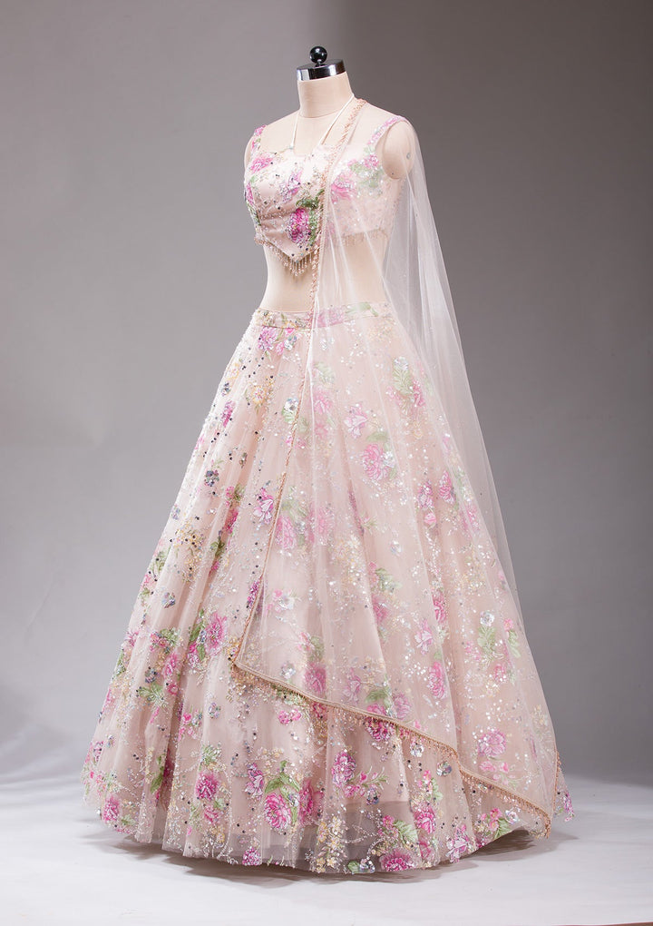 Light Peach Applique Imported Fabric Readymade Lehenga-koskii