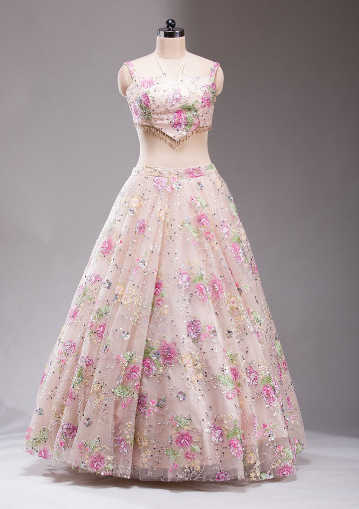 Light Peach Applique Imported Fabric Readymade Lehenga-koskii