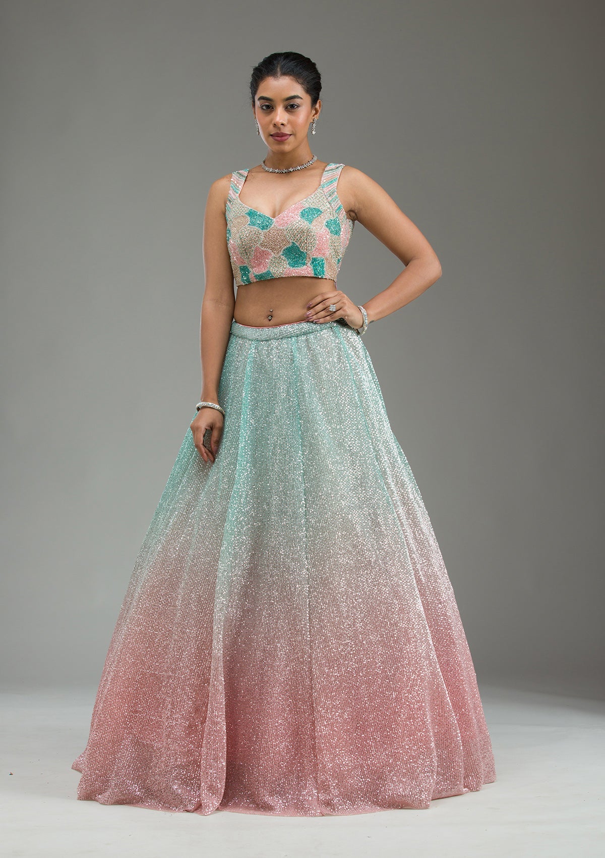 Sea Green Cutdana Imported Fabric Readymade Lehenga-Koskii