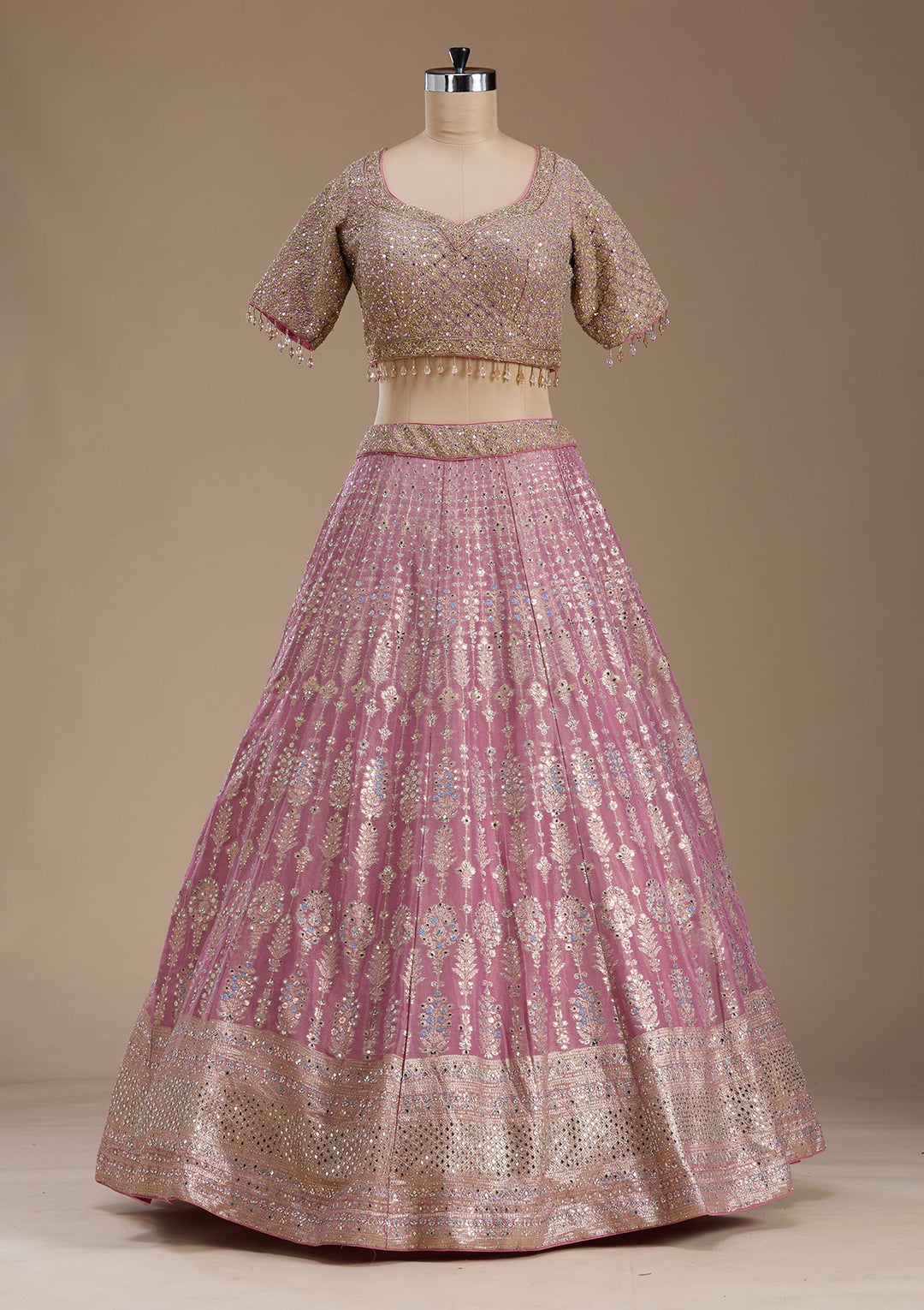 Baby Pink Mirrorwork Banarasi Readymade Lehenga-koskii