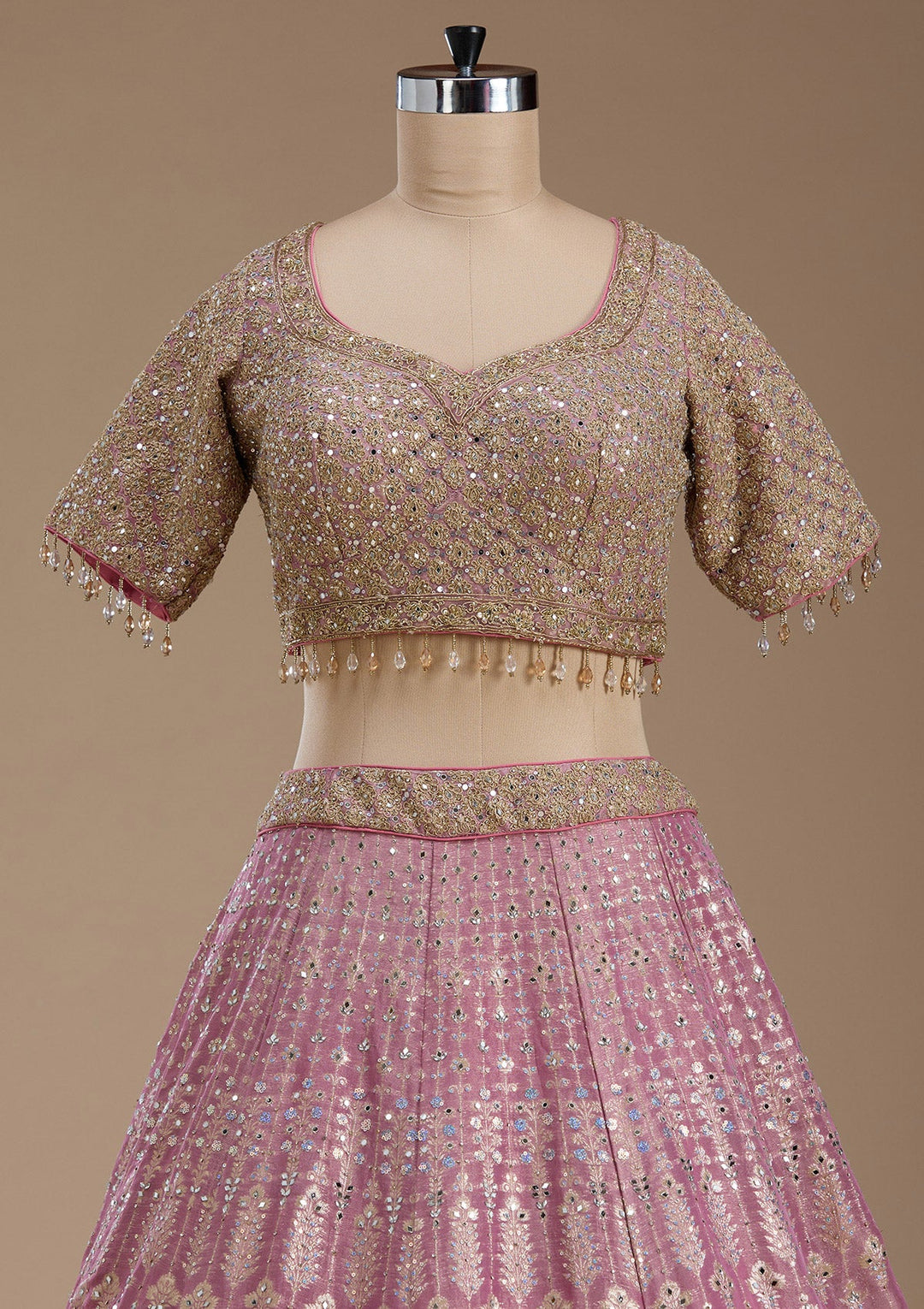 Baby Pink Mirrorwork Banarasi Readymade Lehenga-koskii