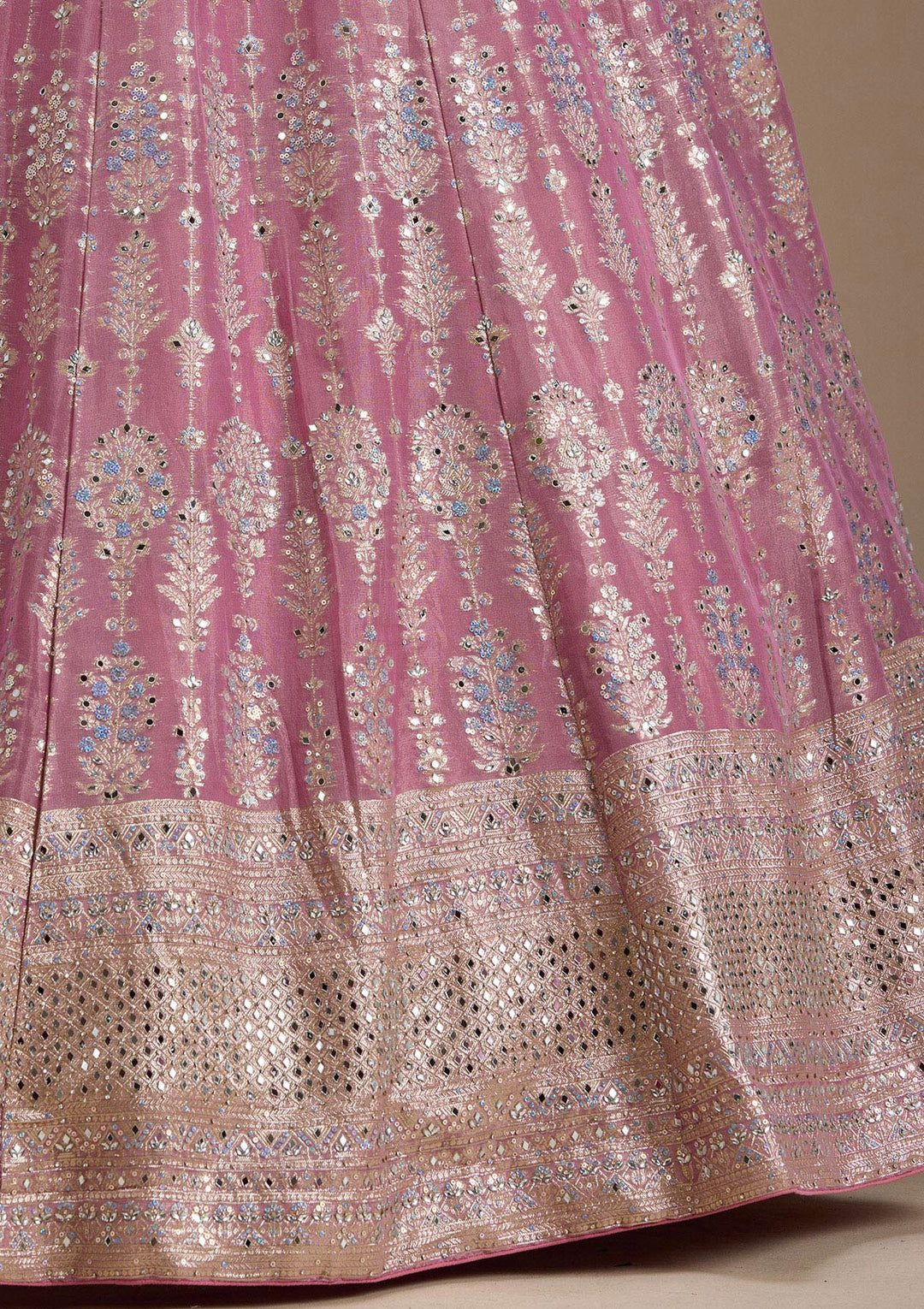 Baby Pink Mirrorwork Banarasi Readymade Lehenga-koskii