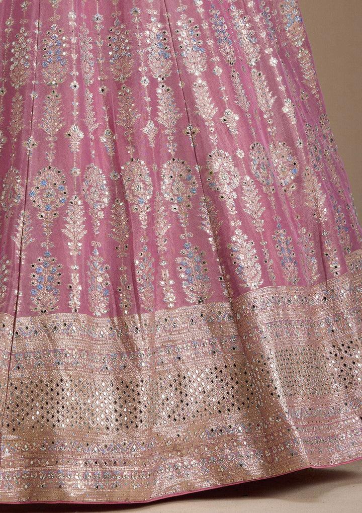 Baby Pink Mirrorwork Banarasi Readymade Lehenga-koskii