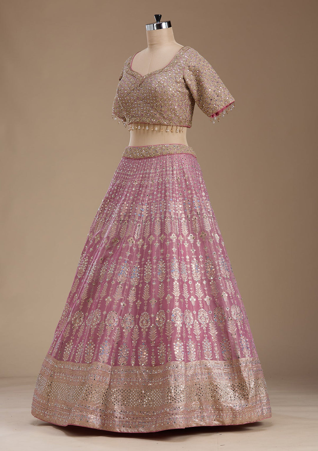 Baby Pink Mirrorwork Banarasi Readymade Lehenga-koskii