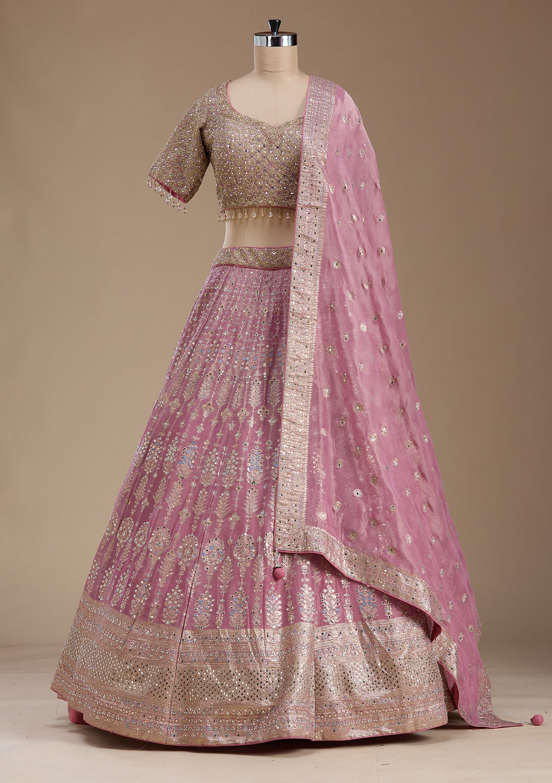 Baby Pink Mirrorwork Banarasi Readymade Lehenga-koskii