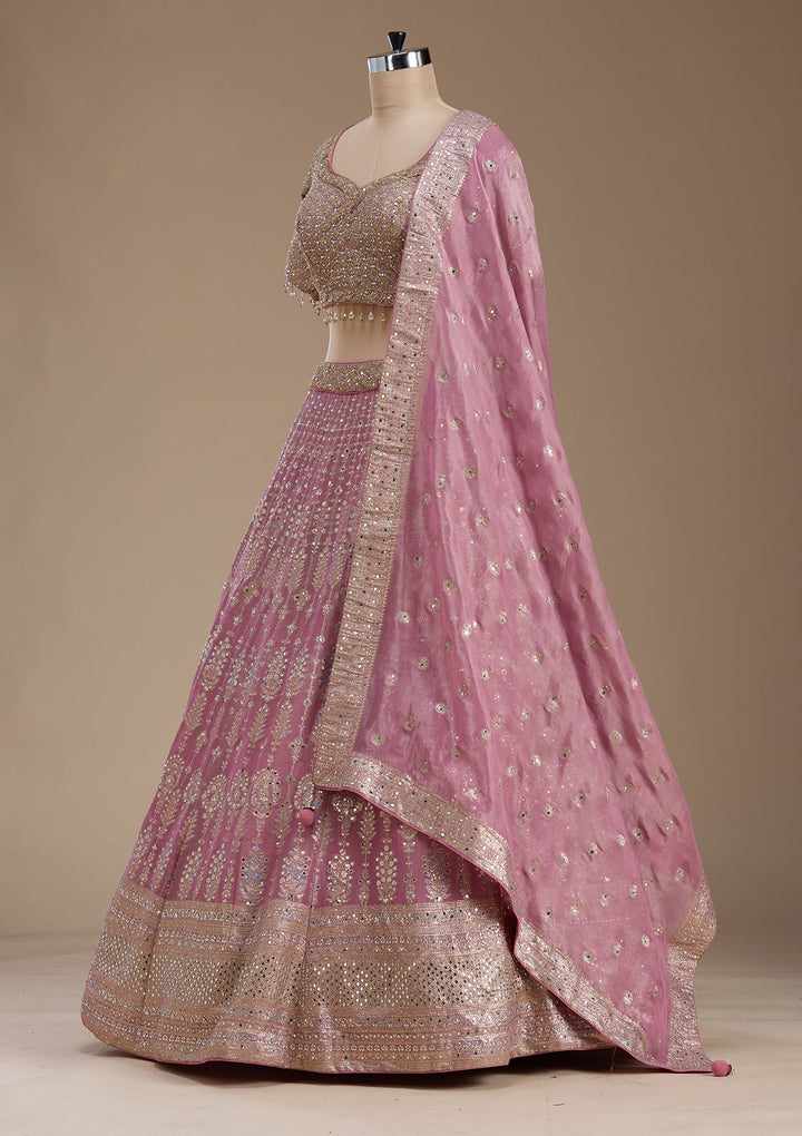Baby Pink Mirrorwork Banarasi Readymade Lehenga-koskii