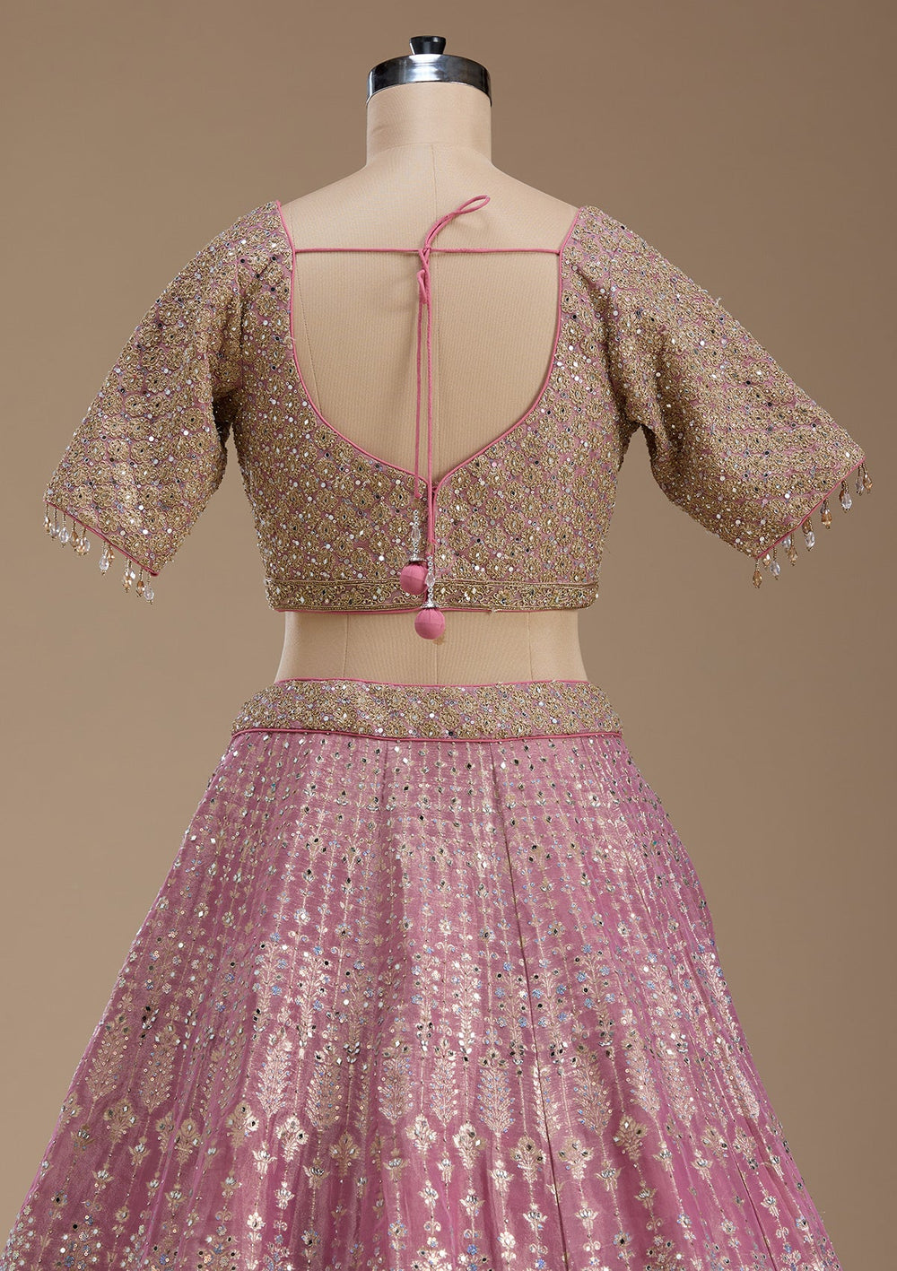 Baby Pink Mirrorwork Banarasi Readymade Lehenga-koskii