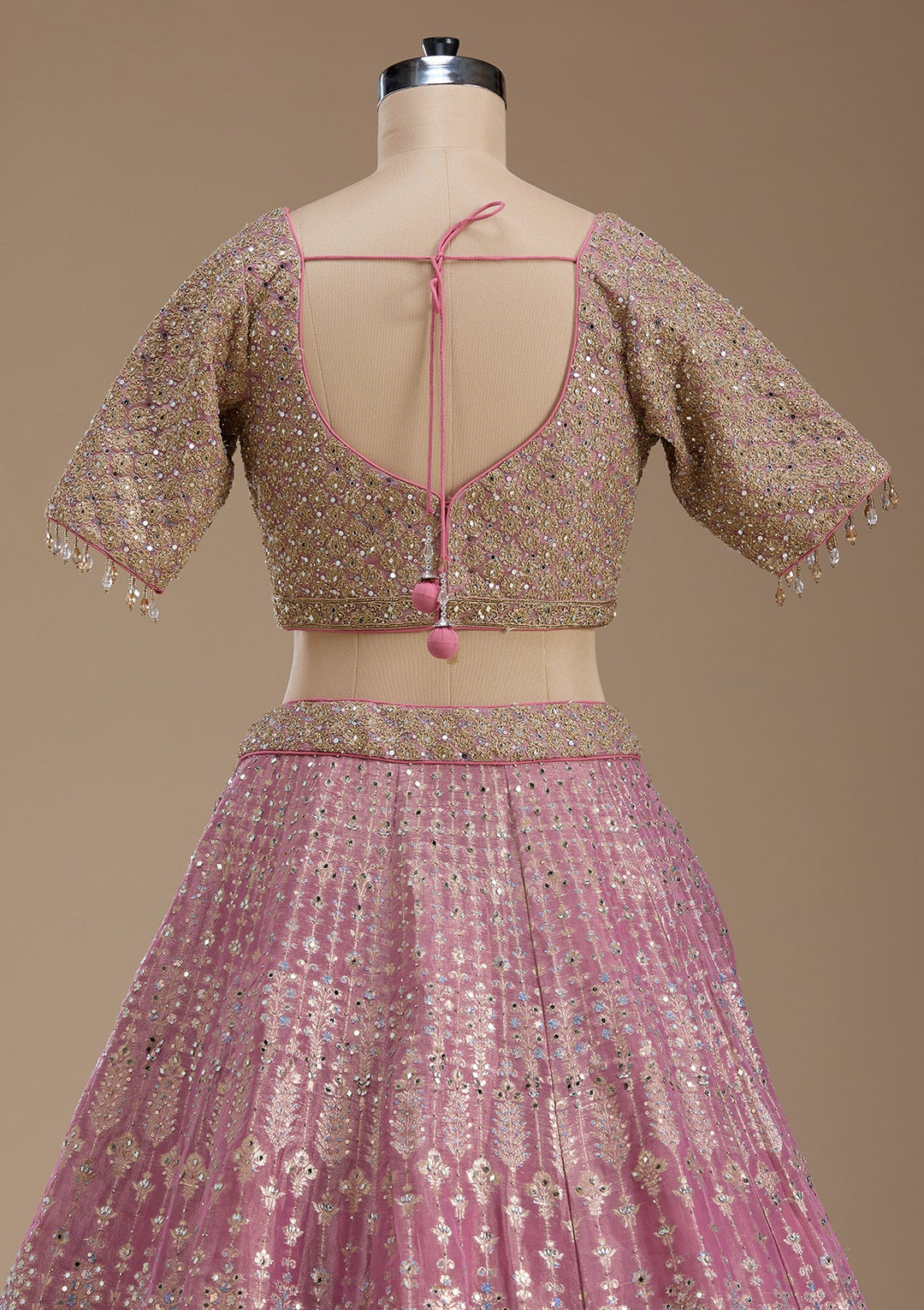 Baby Pink Mirrorwork Banarasi Readymade Lehenga-koskii