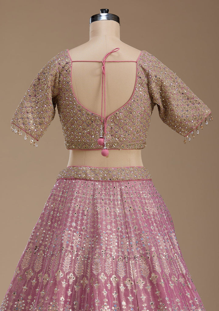 Baby Pink Mirrorwork Banarasi Readymade Lehenga-koskii