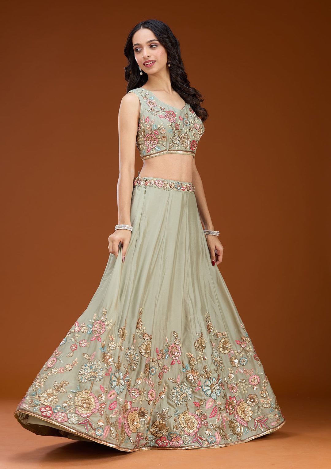 Pista Green Threadwork Georgette Readymade Lehenga