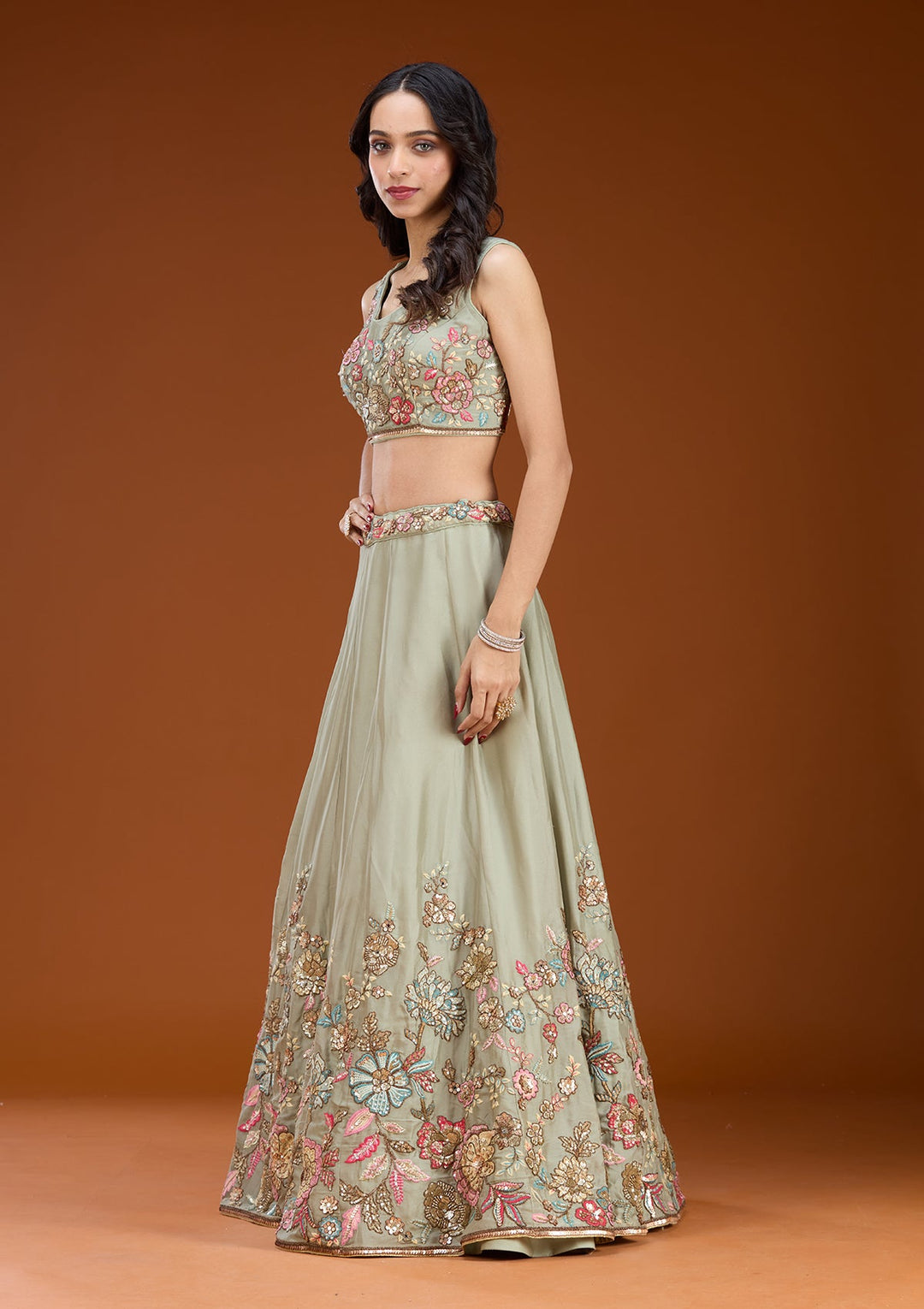 Pista Green Threadwork Georgette Readymade Lehenga