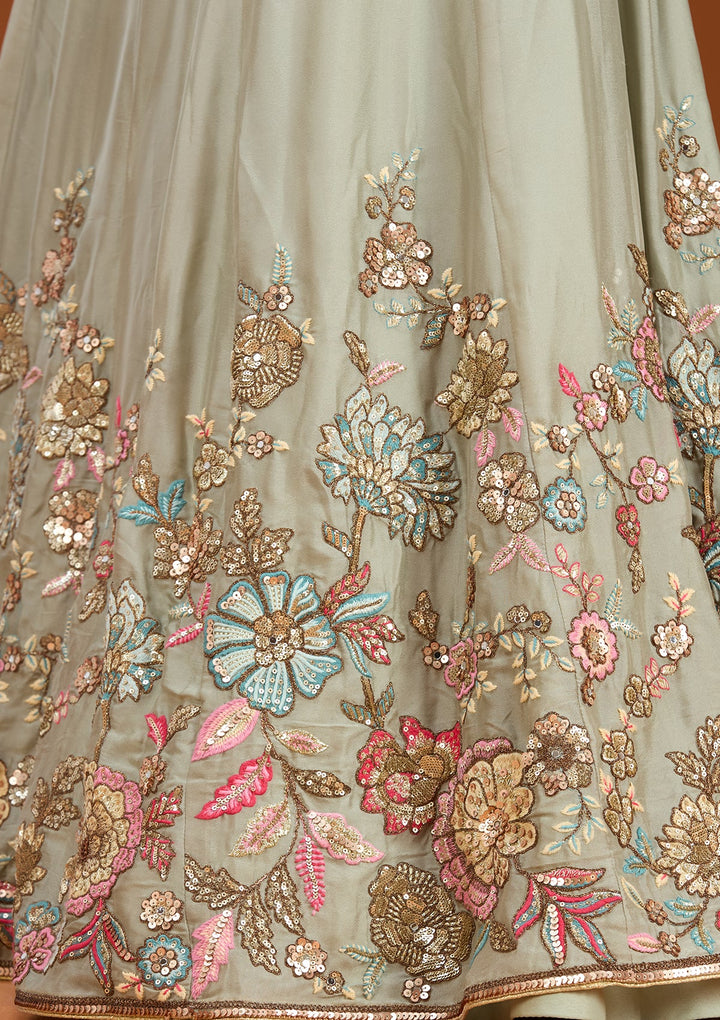 Pista Green Threadwork Georgette Readymade Lehenga