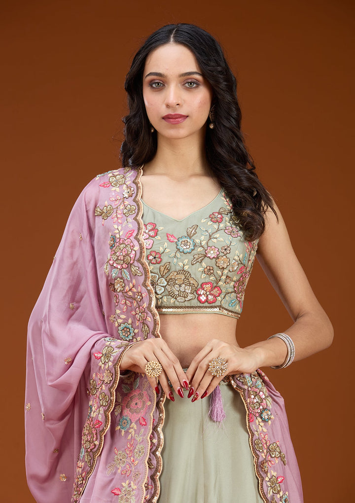 Pista Green Threadwork Georgette Readymade Lehenga