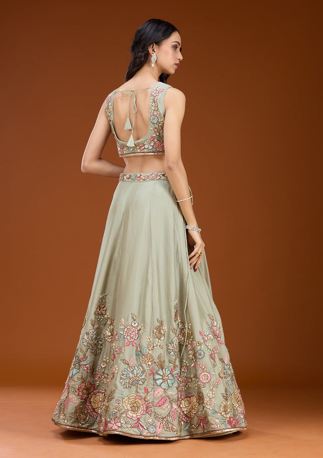 Pista Green Threadwork Georgette Readymade Lehenga