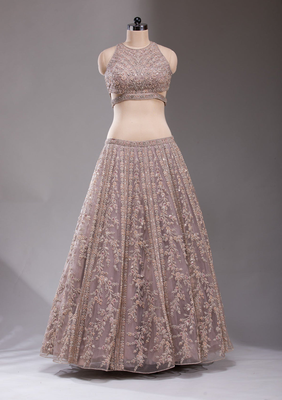 Beige Cutdana Net Readymade Lehenga-koskii
