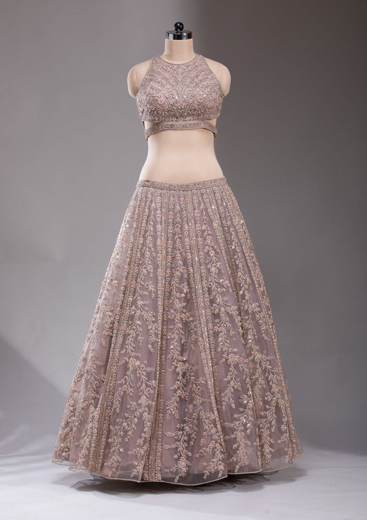 Beige Cutdana Net Readymade Lehenga-koskii