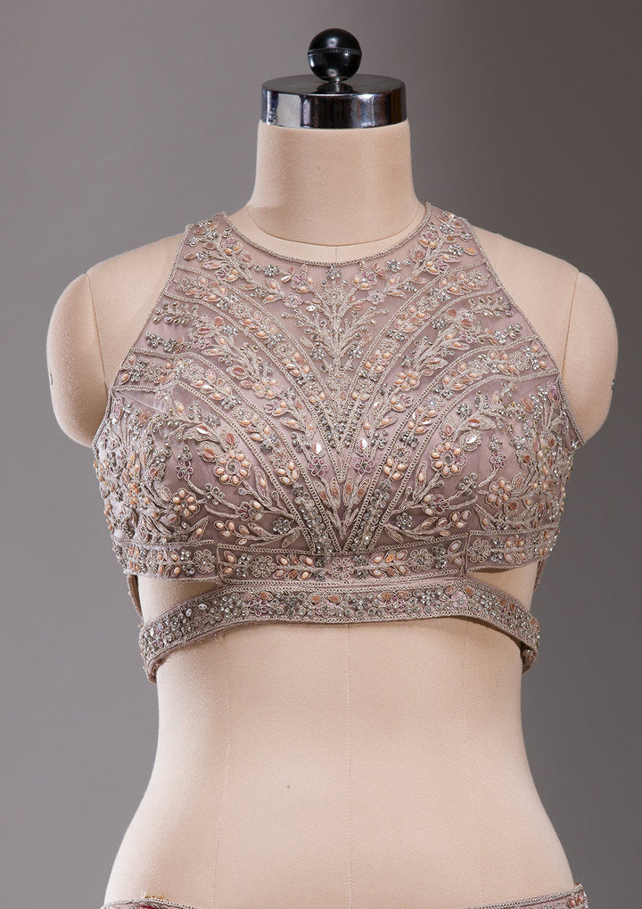 Beige Cutdana Net Readymade Lehenga-koskii