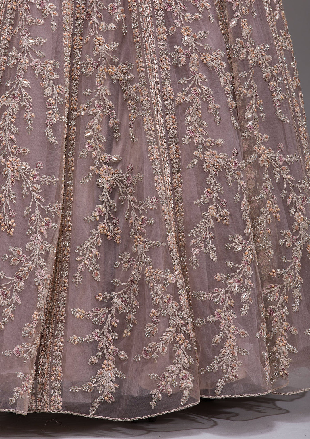 Beige Cutdana Net Readymade Lehenga-koskii
