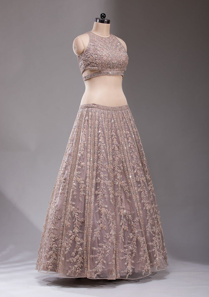 Beige Cutdana Net Readymade Lehenga-koskii
