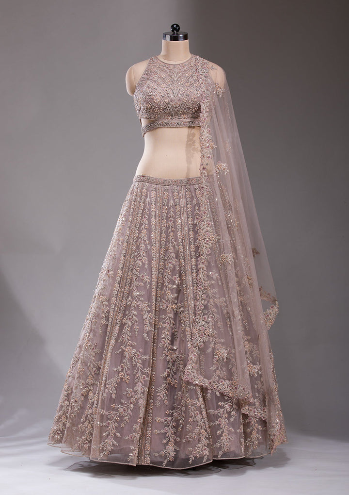 Beige Cutdana Net Readymade Lehenga-koskii