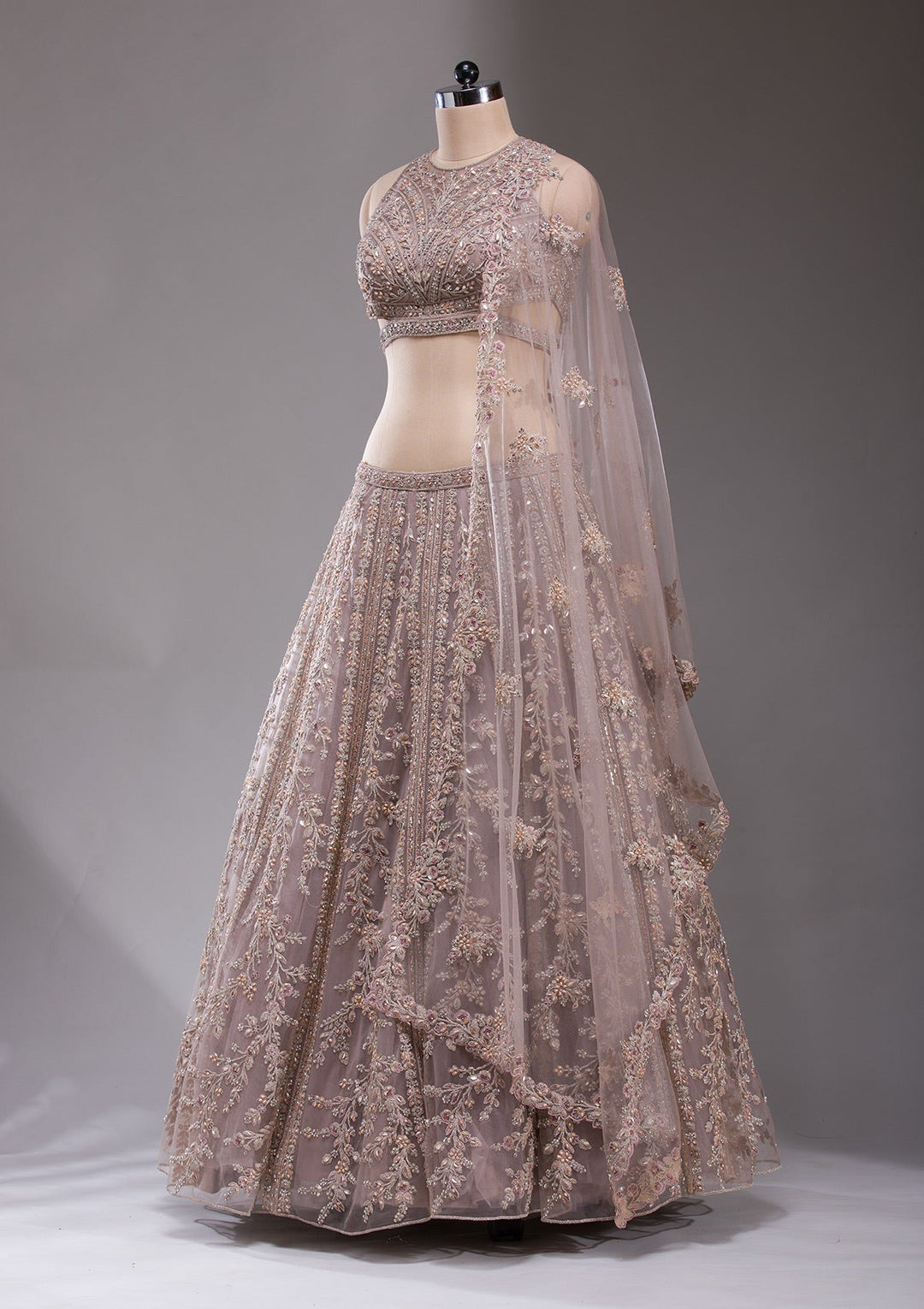 Beige Cutdana Net Readymade Lehenga-koskii