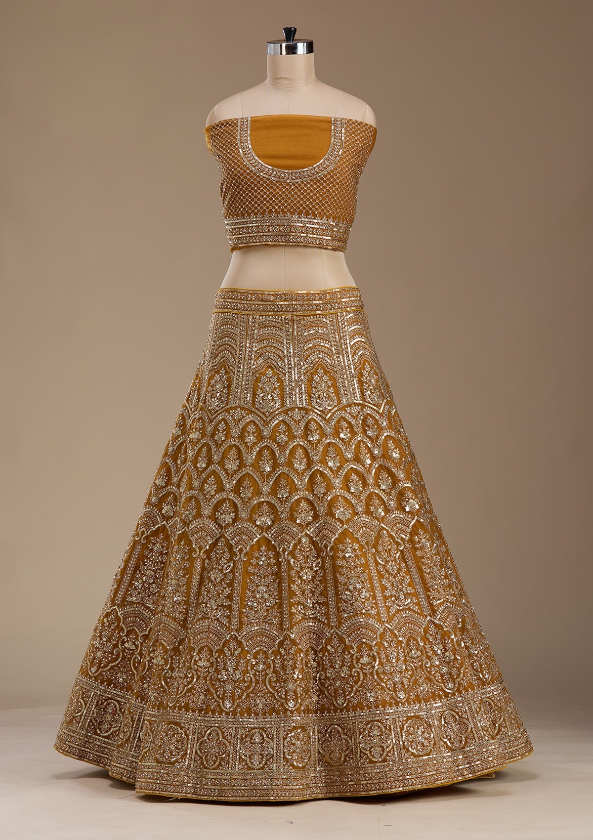 Mustard Zariwork Net Semi-Stitched Lehenga-koskii