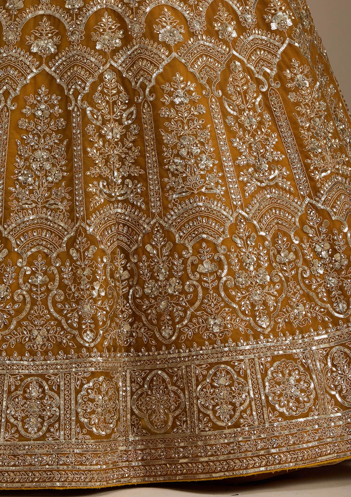 Mustard Zariwork Net Semi-Stitched Lehenga-koskii