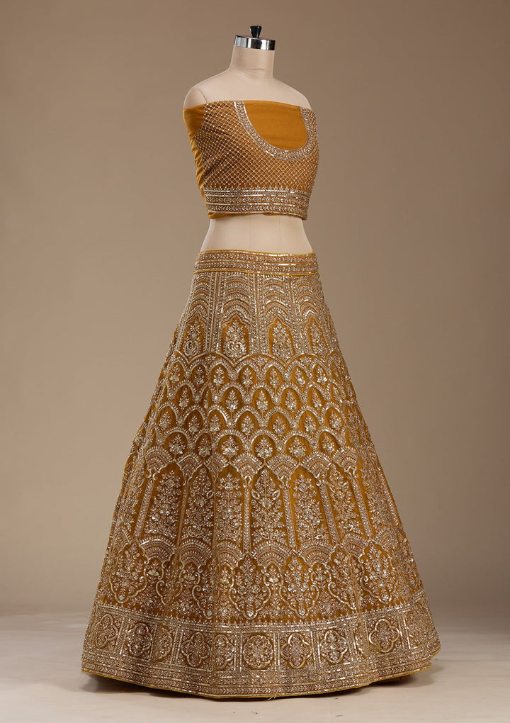 Mustard Zariwork Net Semi-Stitched Lehenga-koskii