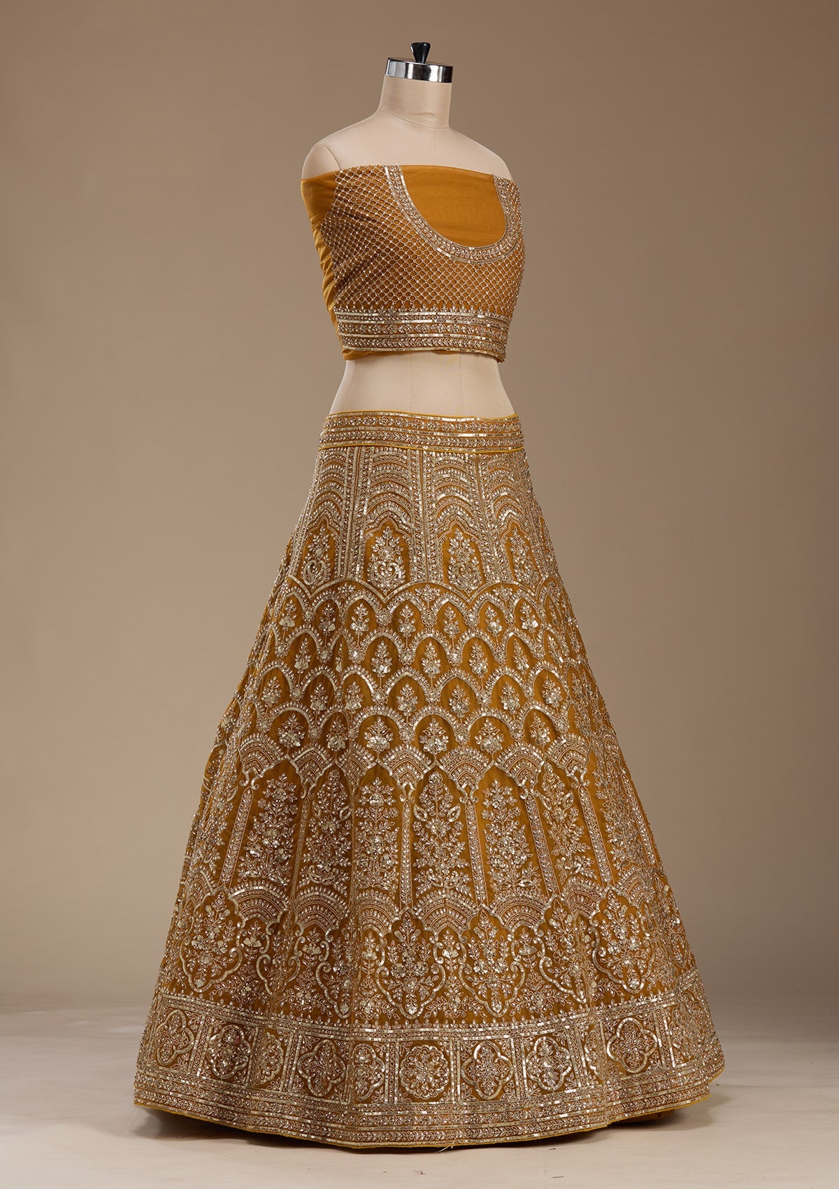 Mustard Zariwork Net Semi-Stitched Lehenga-koskii