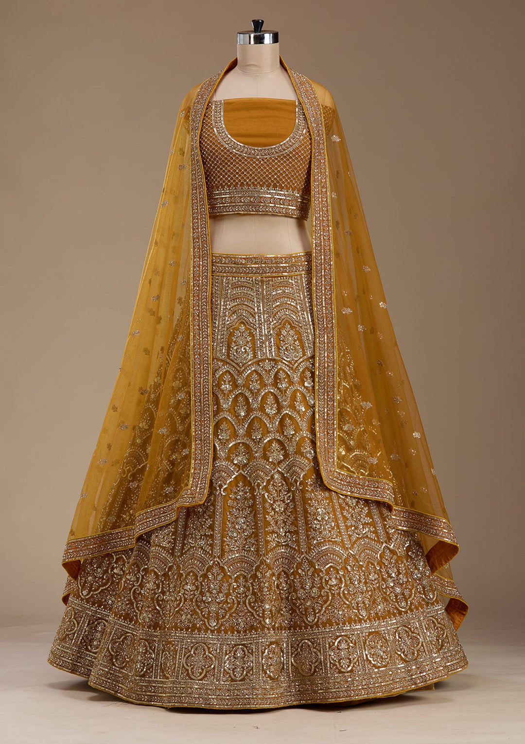 Mustard Zariwork Net Semi-Stitched Lehenga-koskii