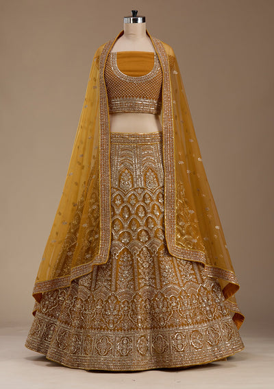 Mustard Zariwork Net Semi-Stitched Lehenga-koskii