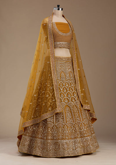 Mustard Zariwork Net Semi-Stitched Lehenga-koskii